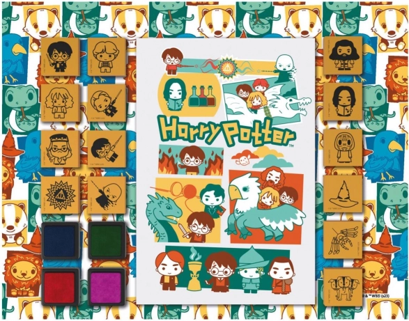 Leuke stempels met blok HARRY POTTER – schuimset van 14 stempels en 4 gekleurde inktkussens