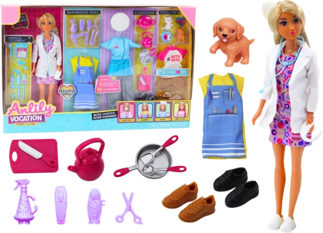 Anlily Pop 4-in-1 – dokter, kapster, kok en dierenverzorger met outfits en accessoires