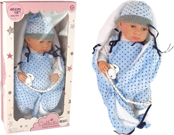 Realistische babypop 46 cm met blauwe deken en speen