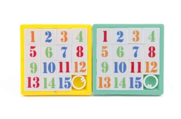 Schuifpuzzel nummers plastic 8x8cm assor. 4 kleuren in zak