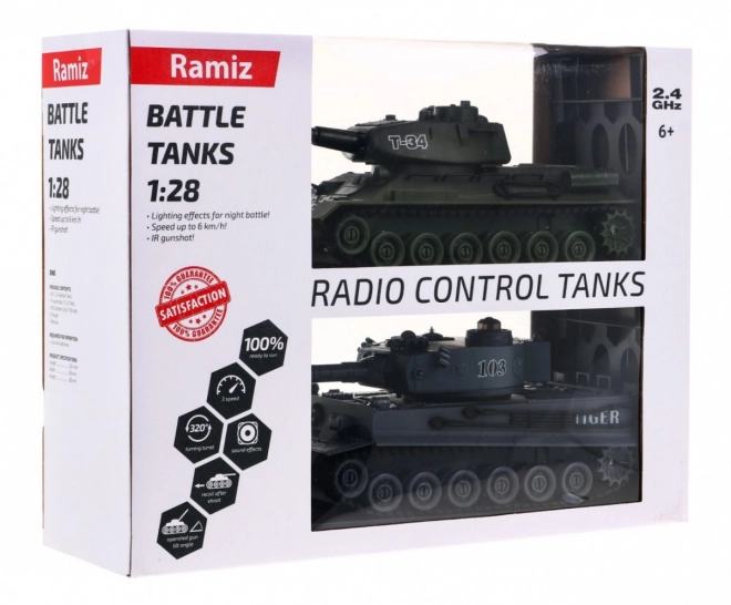 Op afstand bestuurbare 2 tanks T-34 vs. Tiger voor kinderen 3+ Schietende modellen 1:28 + Grote tankgevecht + Licht- en geluidseffecten
