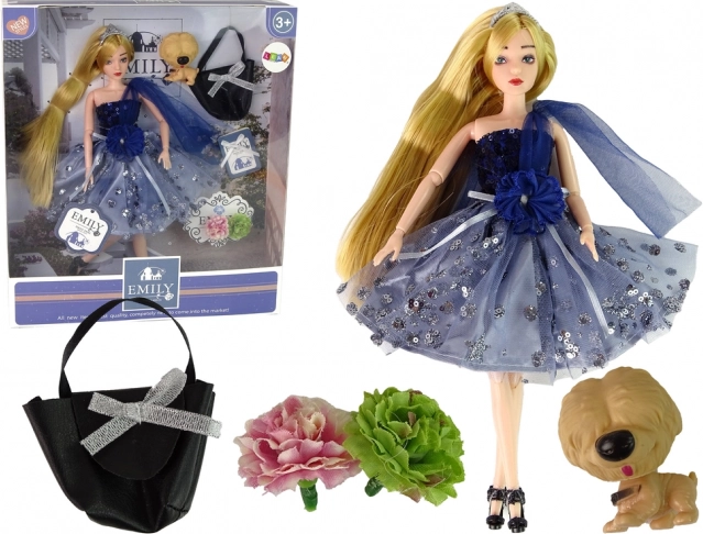 Pop Emily met hondje, handtas en bloemen