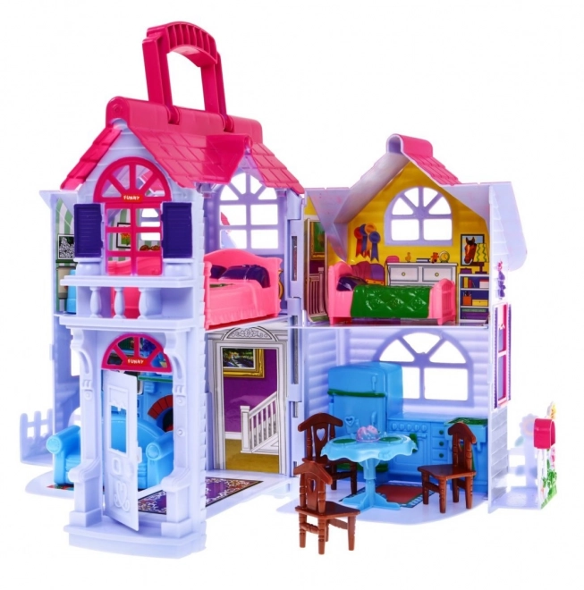 Uitklapbaar kinderspeelhuisje 3+ Paars + familiefiguren + hond + meubels + 2 verdiepingen