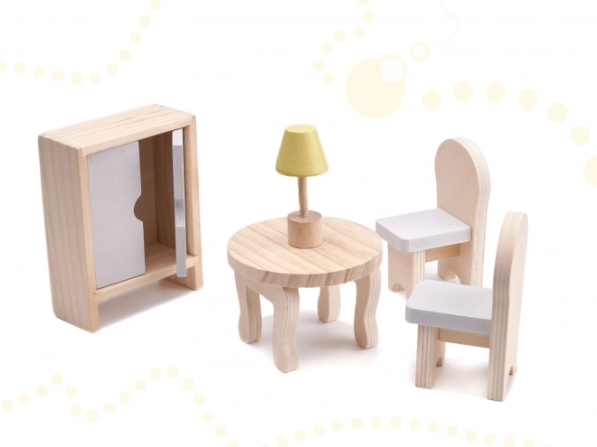 Poppenhuisje met grijs houten meubels