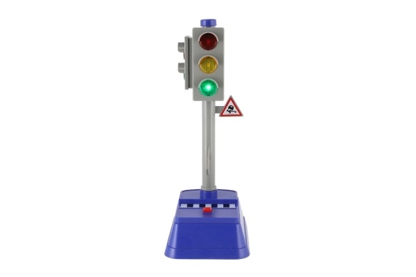 Verkeerslicht met borden kunststof 14x24cm op batterijen met licht en geluid in doos 14x24,5x9cm