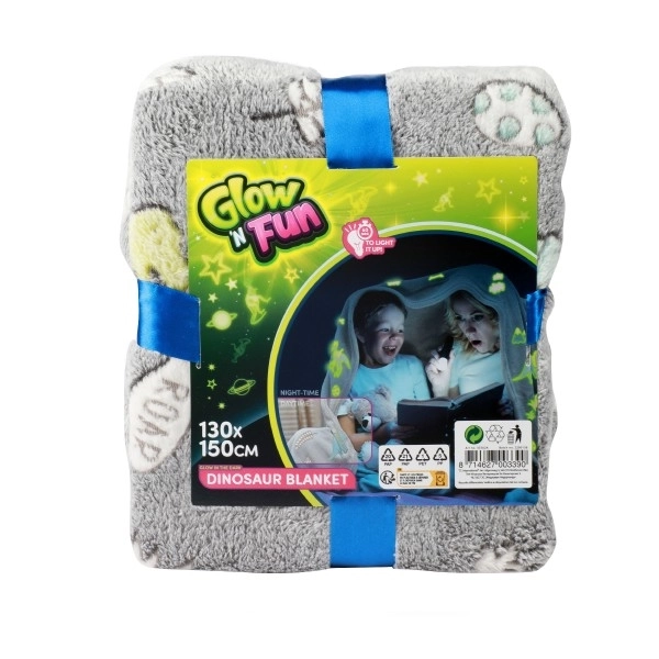 Flanel Plaid Dinosaurus lichtgevend in het donker 130x150cm grijs