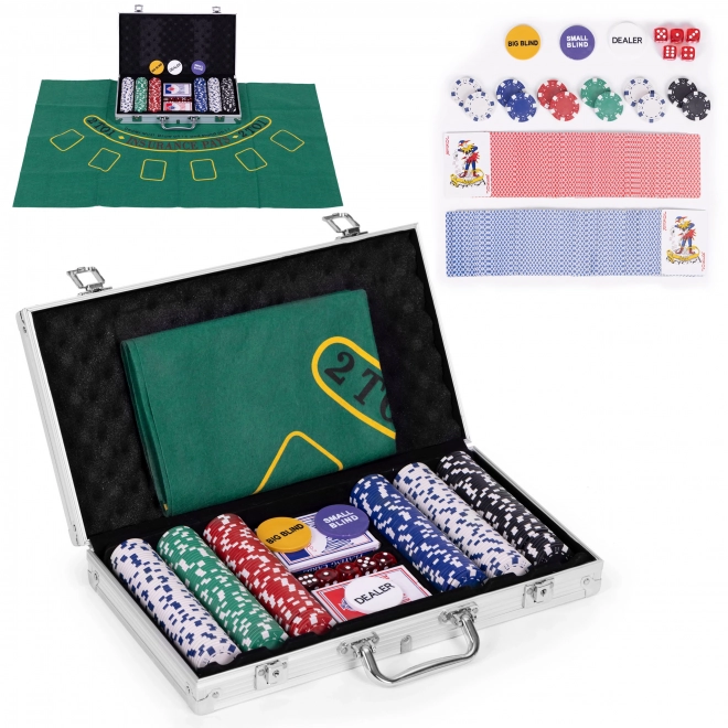 Blackjack Pokerset 300 fiches 2 pakjes kaarten Speelmat Vergrendelbare draagkoffer