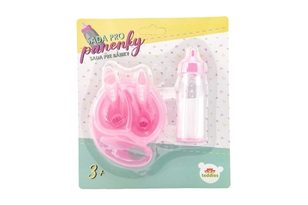 Poppen set plastic flesje, kommetje met bestek op kaart 19x22x4cm