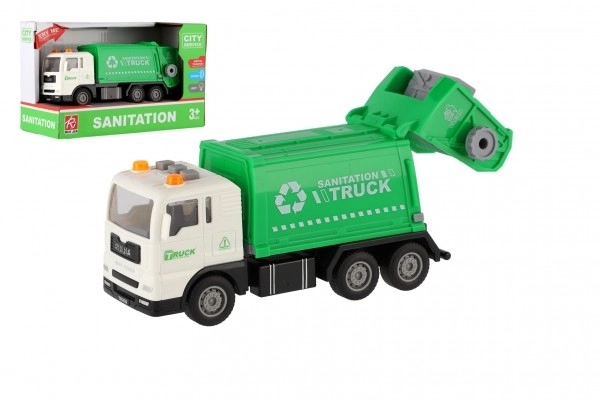 Auto vuilniswagen kunststof 17cm op frictiemotor op batterijen met licht en geluid in doos 21x13x9cm