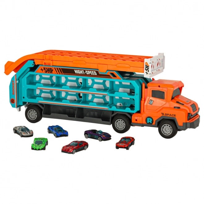Racebaan met takelwagen en transporter 6 delen - oranje