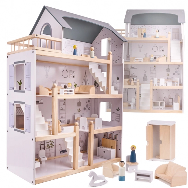 Licht houten poppenhuis met meubels - 80cm