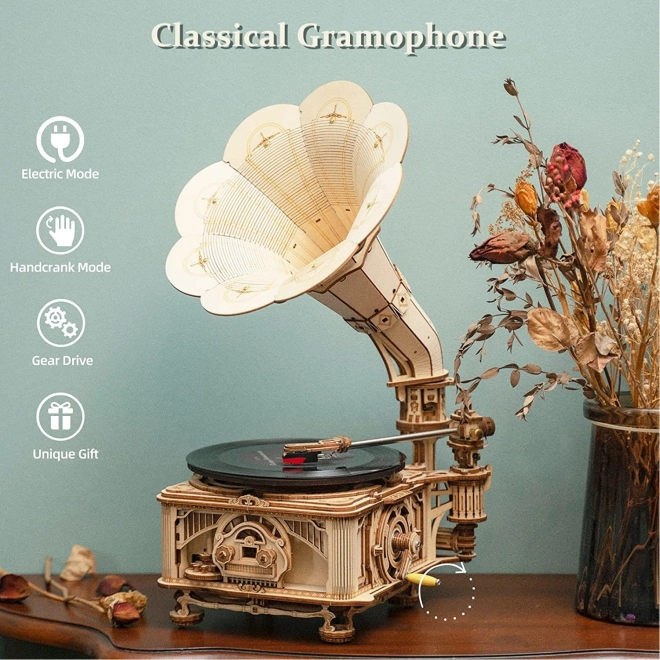 RoboTime 3D houten mechanische puzzel Grammofoon (handmatige aandrijving)
