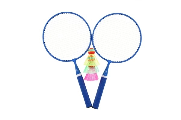 Badmintonset kind metaal/plastic 2 rackets + 3 shuttles 2 kleuren in net 23x45x6cm