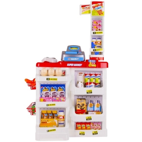 Supermarkt met kassa, winkelmandje en accessoires