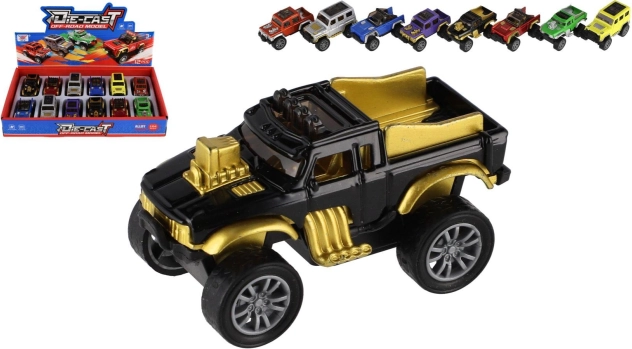 Mini terreinwagentje met pull-back aandrijving 6,5 cm – metaal en plastic, mix van soorten