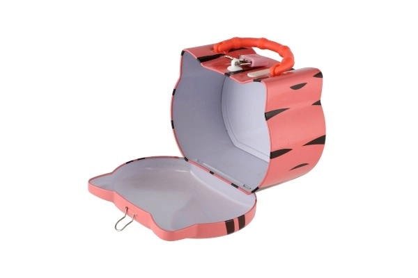 Spaarpot kat/tin kattenhoofd met slot 14x12cm 3 kleuren in plastic doos