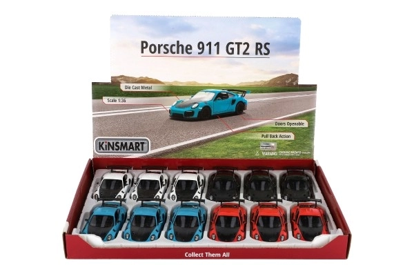 Auto Kinsmart Porsche 911 GT2 RS metaal/plastic 13cm 4 kleuren met terugtrekmechanisme 12st in doos