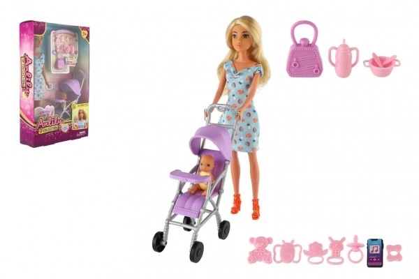 Pop Anlily 30cm met meisje en kinderwagen + accessoires plastic in doos 20x32x7cm