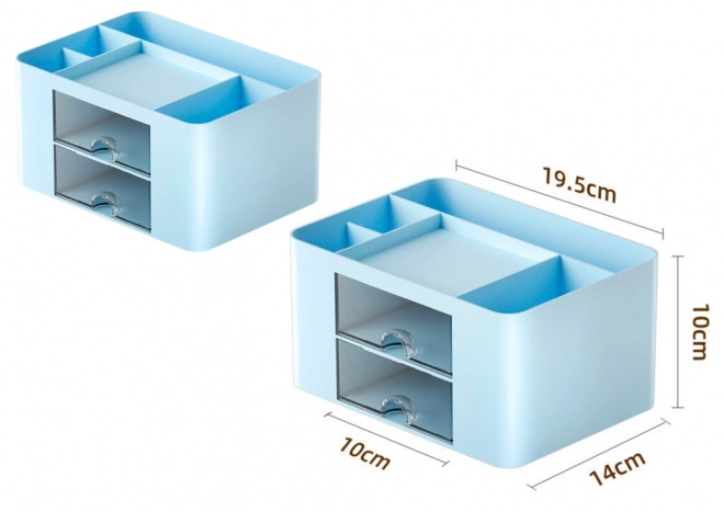 organizer voor op tafel met blauwe laden