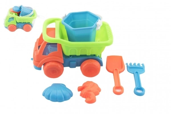 Auto voor zand met accessoires plastic 16cm 2 kleuren in net