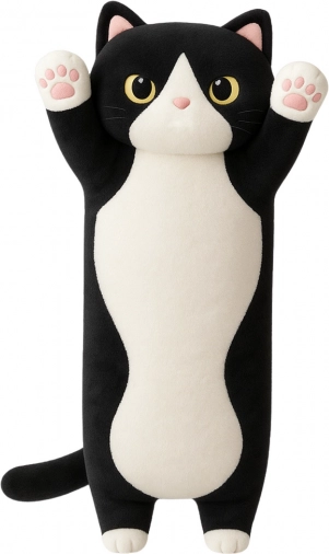Langwerpig pluche kattenkussen zwart-wit 70 cm