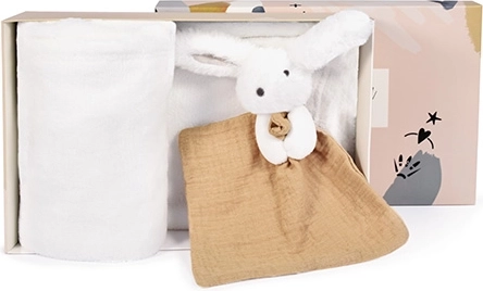 Cadeauset Gelukkige Konijntje plaid en beige knuffeldoekje