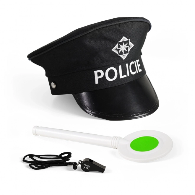 Set politie stof/plastic pet, stopbord, fluitje op kaart 30x48x8cm
