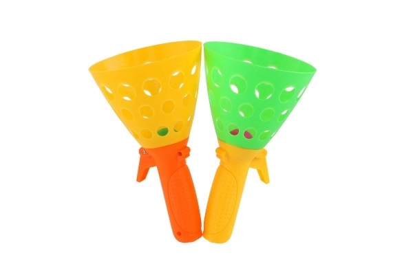 Catch balspel vangen 2 stuks plastic 19cm + 3 ballen in net