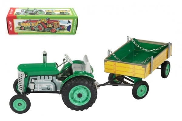 Traktor Zetor met groene aanhanger op wikkelsleutel metaal 28cm Kovap in doos