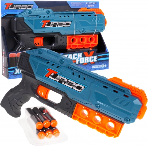 Kinderpistool Turbo blauw 8+ met 6 zachte kogels en handmatig laden