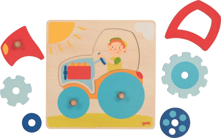 Goki houten puzzel tractor, 6 stukjes