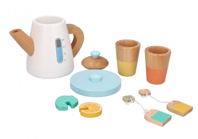 Houten theeset met theepot en kopjes