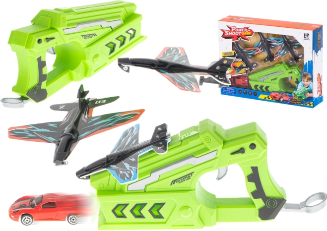 Lanceerpistool met vliegtuigen en autootje – 2-in-1 set (3 vliegtuigen + auto)