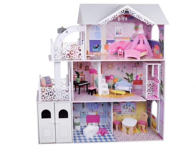 Groot houten poppenhuis met lift, garage en balkon