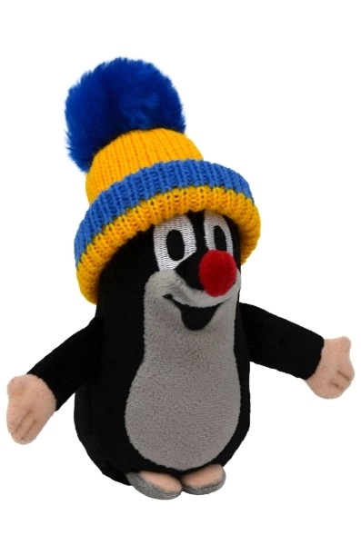 Krtek met een blauw-gele muts pluche 15cm op kaart