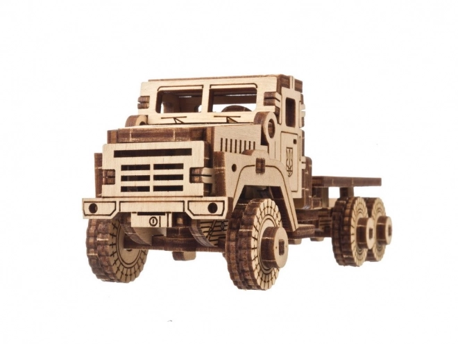 Houten mechanische puzzel militaire vrachtwagen