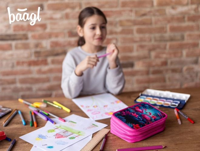BAAGL School etui driedelig Flamingo's