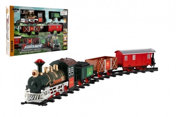 Trein + 3 wagons met rails 8 stuks op batterijen met geluid en licht in doos 41x28x6cm