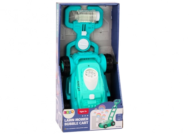 Blauwe zeepbel grasmaaier met handvat