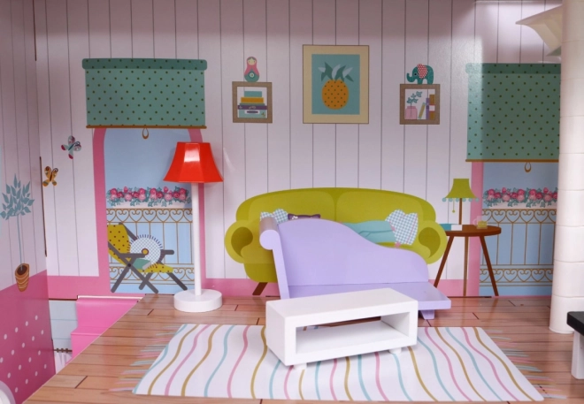 Houten poppenhuis Roze voor kinderen 3+ met uitrusting en meubels