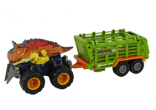 Dinosauruswagen met aanhanger en 4 dinosaurusfiguren