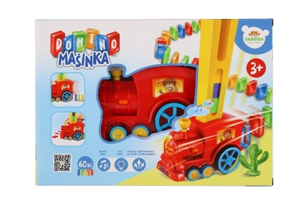 Locomotief/Trein domino bouwend plastic 16cm op batterijen met geluid en licht in doos 33x23,5x8cm