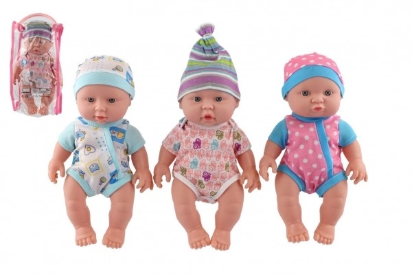Baby/pop hard lichaam plastic 25 cm op batterijen met geluid 3 soorten in plastic tasje 13x28x7cm