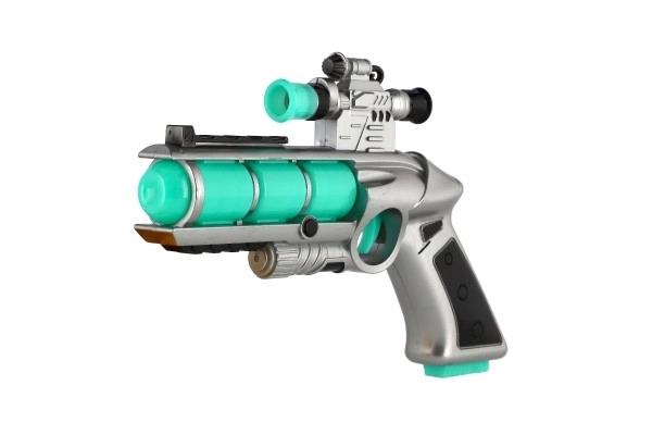 Pistool met vizier kunststof 20cm op batterijen met geluid en licht in doos