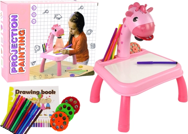 Kinder projectietafeltje om te tekenen – roze, giraf, 24 motieven, 12 stiften