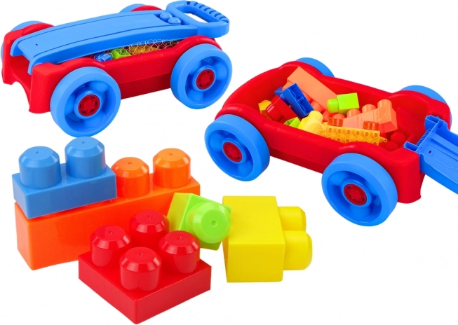 Kinderset bouwblokken in kar met wieltjes blauw‑rood