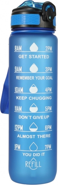 Tritan waterfles 1 l met rietje en motiverende tijdsmarkeringen – Blauw