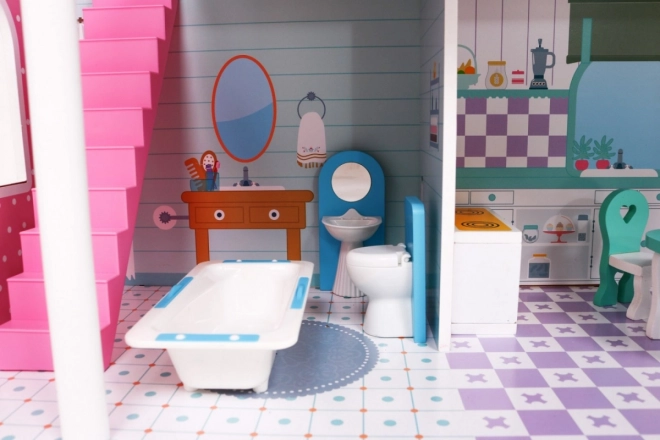 Houten poppenhuis Roze voor kinderen 3+ met uitrusting en meubels
