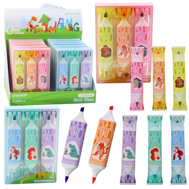Set markeerstiften met dierenmotief, roze en blauw, twee punten, 3 stuks