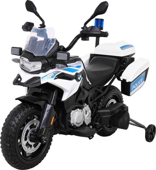 Elektrische BMW F 850 GS politiemotor voor kinderen met zijwieltjes en koffers